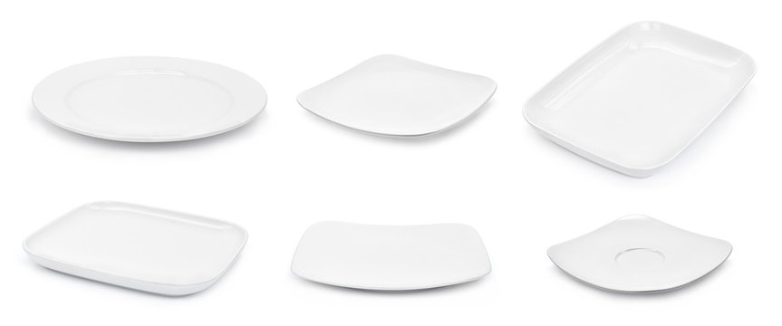 set of empty white plate isolated on white background