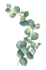 Obraz premium Akwarela wektor wieniec z zielonych liści eukaliptusa i gałęzi.