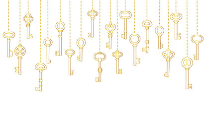 Fototapeta na wymiar Keys icons set, seamless pattern. Gold keys signs and symbols collection. vector illustration.
