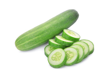 whole and slice fresh cucumber isolated on white background