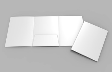 Tri-fold Blank white reinforced A4 single pocket folder catalog on grey background for mock up. 3D rendering.