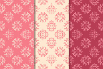 Set of cherry red floral designs. Vertical seamless patterns