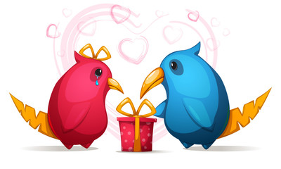 Two cartoon funny, cute bird with a large beak. Gift for girl.