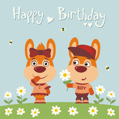 Obraz na płótnie Canvas Happy birthday! Greeting card: funny bunny rabbit boy gives flower to rabbit girl for birthday.