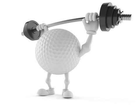 Golf ball character lifting heavy barbell