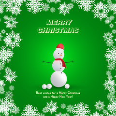 Fototapeta na wymiar Snowman in a red hat with a scarf and snowballs on a green background and snowflakes. Festive greeting card for Christmas and New Year