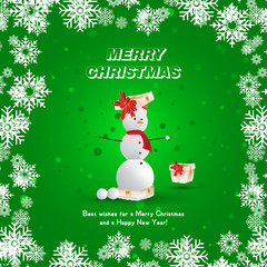 A snowman in a red cap emerges from a gift package on a green background and golden snowflakes. Festive greeting card for Christmas and New Year