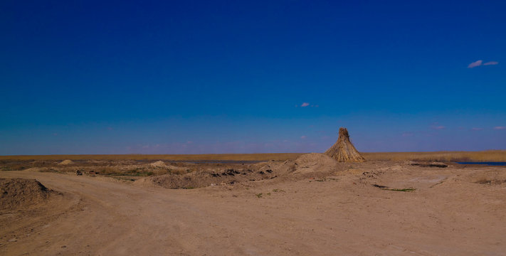 runed Urga fishing village at the shore of Sudochye lake aka part of former Aral sea, Karakalpakstan, Uzbekistan