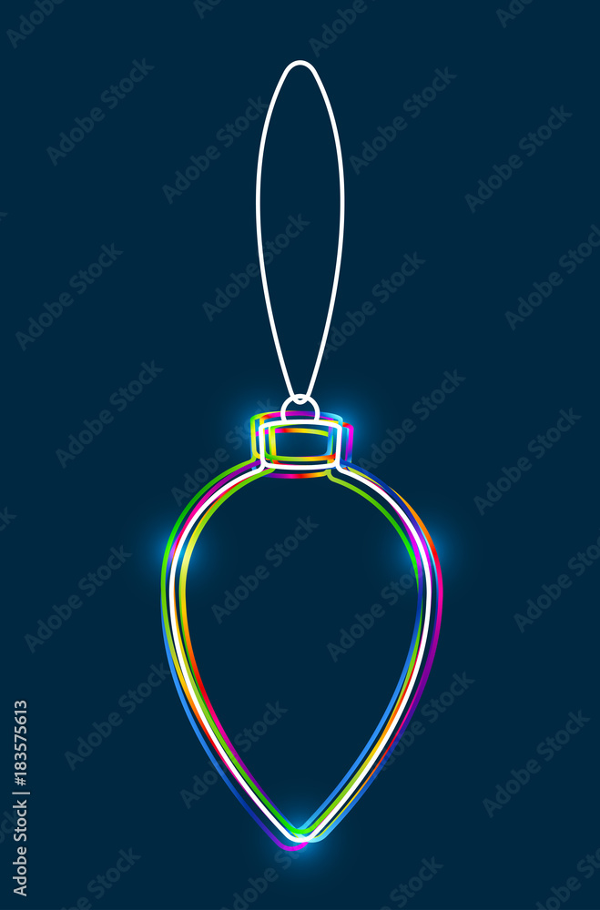 Poster Vector hanging abstract colorful Christmas ball on a string consisting of multicolored outlines with glowing light effect on dark blue background