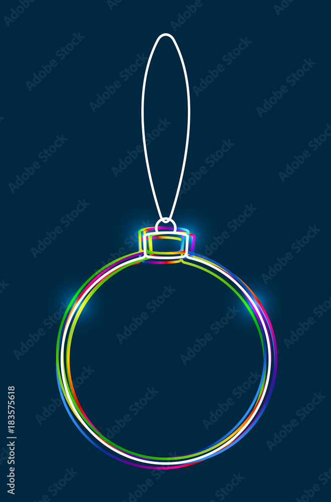 Poster Vector hanging abstract colorful Christmas ball on a string consisting of multicolored outlines with glowing light effect on dark blue background