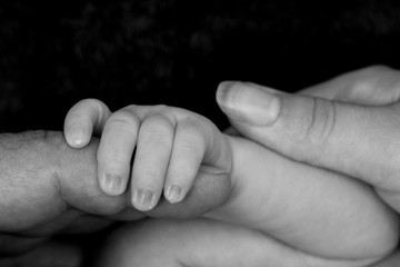 Black and white of infant holding on to man's finger with woman's thumb caressing baby's arm