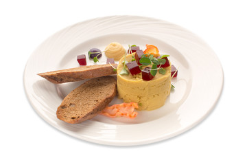 Molecular modern cuisine vegetable salad. Stock image. Isolated on white.Lentil hummus and bread isolated on white background