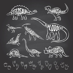Set of dinosaurs outlines with lettering and footprints on a chalkboard background. Vector illustration © nataliasheinkin