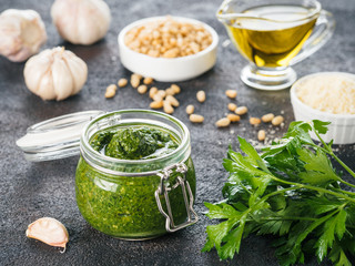 Homemade parsley pesto sauce ingredients