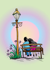 Romantic couple on bench, sketching.