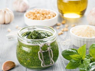 Homemade basil pesto sauce ingredients