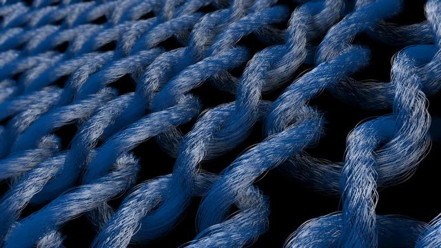 A stunning 3d rendering of material tissue knitted in a countrysyle with curvy knots connected with each other.The blue strands are on the black background. The woven tissue is placed diagonally.