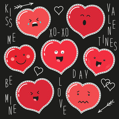Cute set of fashion patches with cartoon characters of hearts emoji