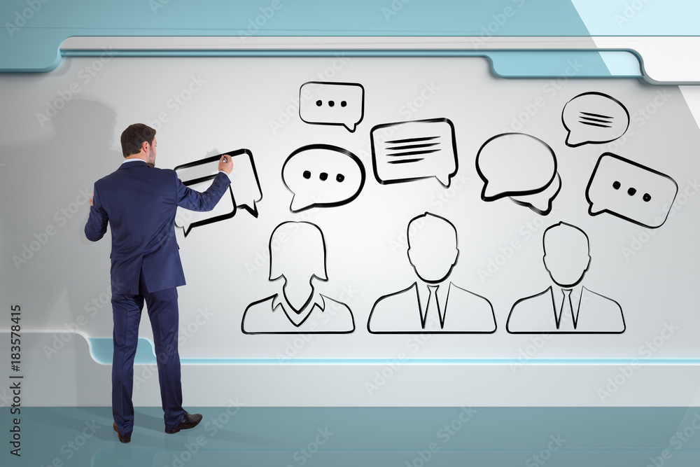 Poster businessman drawing discussion icons sketch on a board 3d rendering