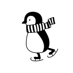 Penguin. Cute hand drawn vector illustration. Pinguin with knited stripes scarf, scates.  Silhouette isolated on white. Scandinavian nordic flat design for print christmas xmas greeting card