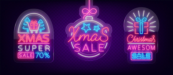 Set of posters, flyers cards on the topic of Xmas sales, Christmas neon style. New year discount. Festive winter sale, bright advertising banner. Neon sign on transparent glass.Vector illustration