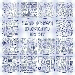 Hand Drawn Elements Big Set on Copybook Sheet