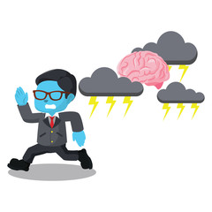 Blue businessman running from stressed brain– stock illustration

