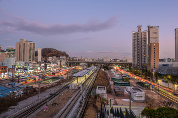 Naklejka na ściany i meble seoul night skyline in korea by long exposure 