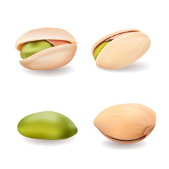 Realistic whole and cracked pistachio nuts. Vector set