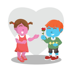 Blue boys gives flower to pink girl– stock illustration

