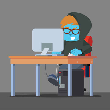 Blue hacker working on his desk– stock illustration
