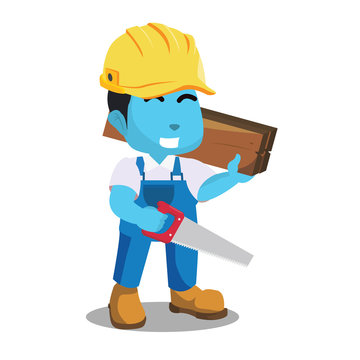 Blue handyman holding wooden and hacksaw– stock illustration
