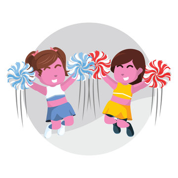Two pink cheerleader jumping together– stock illustration
