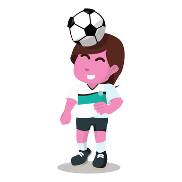 Pink female soccer player putting ball on his head– stock illustration
