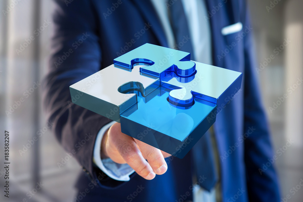 Poster four puzzle pieces making a logo on a futuristic interface - 3d rendering
