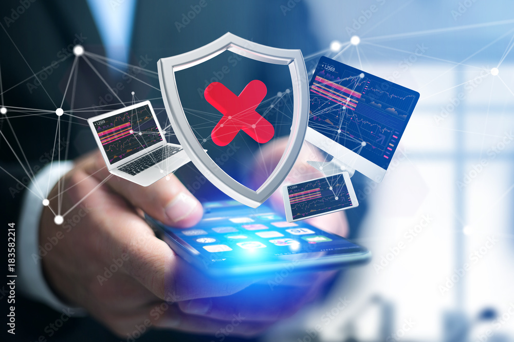Poster hacked shield symbol surrounded by devices and network displayed on a futuristic interface