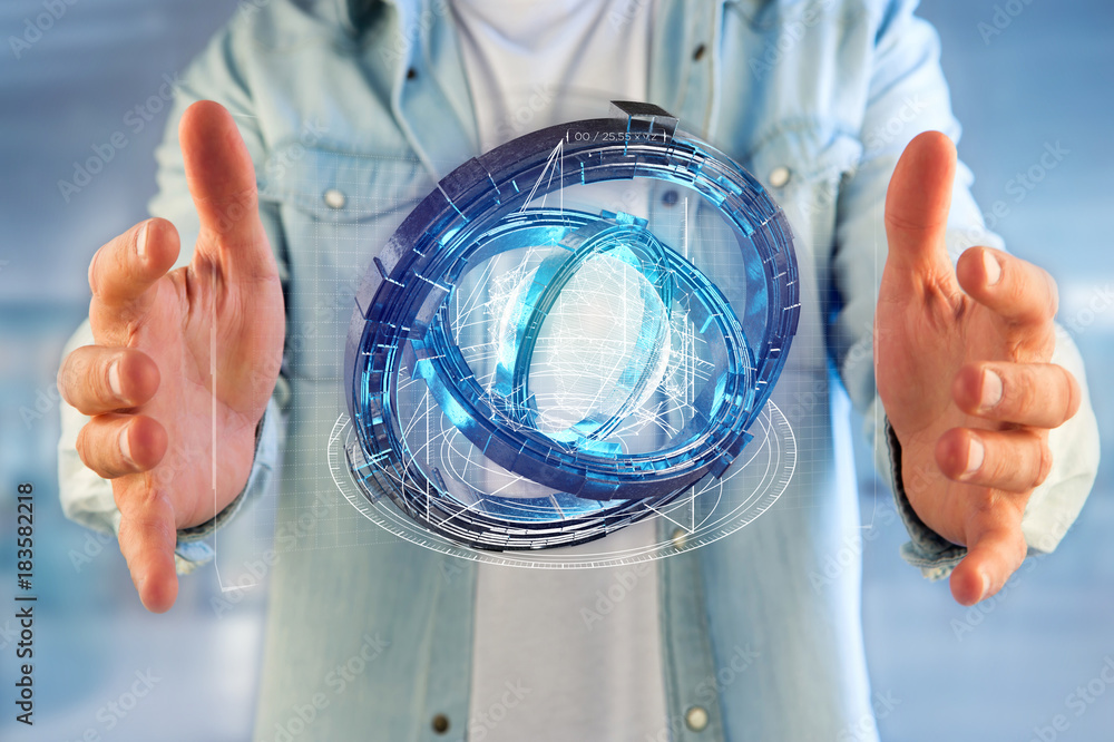 Poster hologram made of wheel with a futuristic data interface - 3d rendering