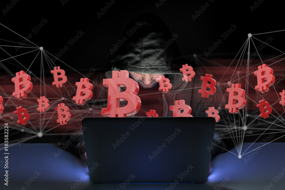 Poster hacker man in the dark using computer to hack data and information system