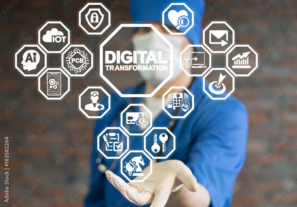 Poster doctor using virtual interface offers digital transformation text icon. binary digital computing inn
