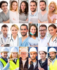 Portrait collection of different people working on construction site, student and medical domain on high definition