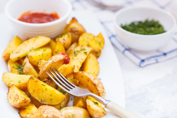 Baked potato slices with herbs in a white dish