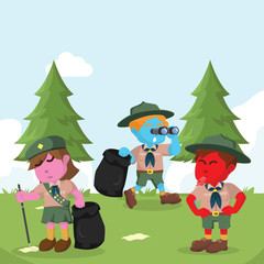 Obraz na płótnie Canvas Scout working together to clean forest– stock illustration 