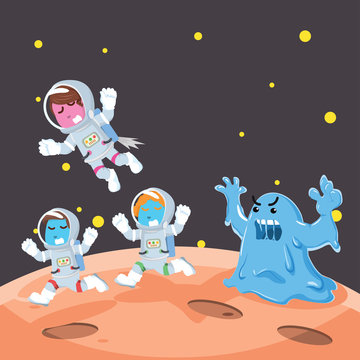 Group of animal astronauts chased by slime monster– stock illustration
