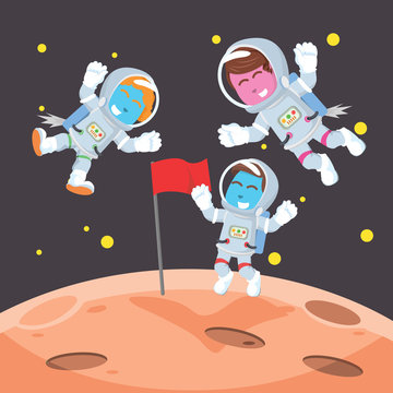 Group of astronaut putting flag on moon– stock illustration
