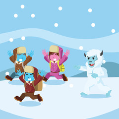 Group of arctic explorer chased by yeti– stock illustration
