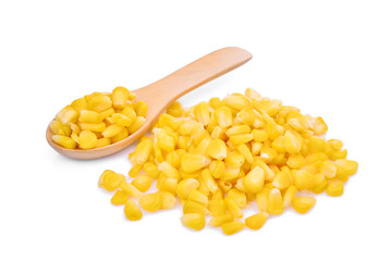 sweet corn seeds in wooden spoon isolated on white background