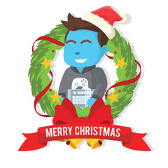 Blue gamer inside christmas wreath– stock illustration
