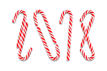 2018 year, laid out with striped candies