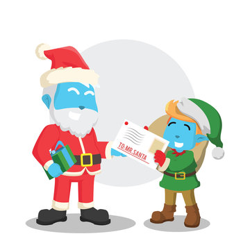 Christmas elf giving letter to santa– stock illustration
