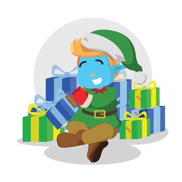 Christmas elf stamping presents– stock illustration
